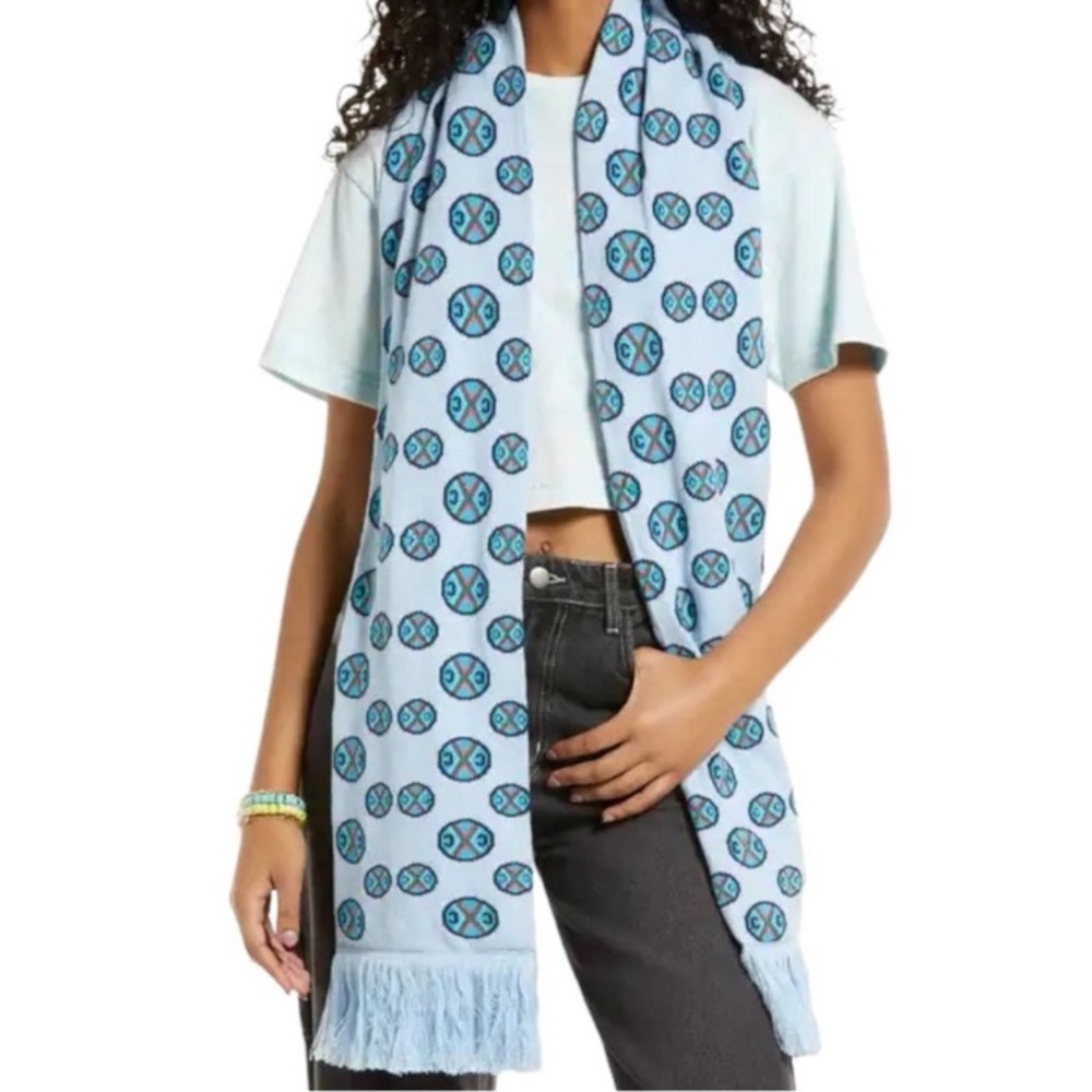 New Cross Colours Logo Print Fringe Knit Scarf Light Blue 68”x 8”